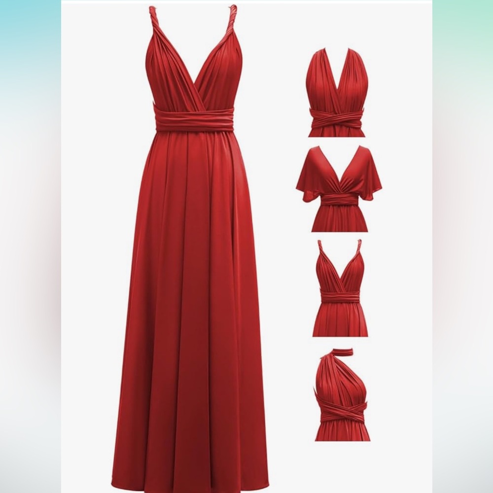 Red adjustable formal dress with multiple styles